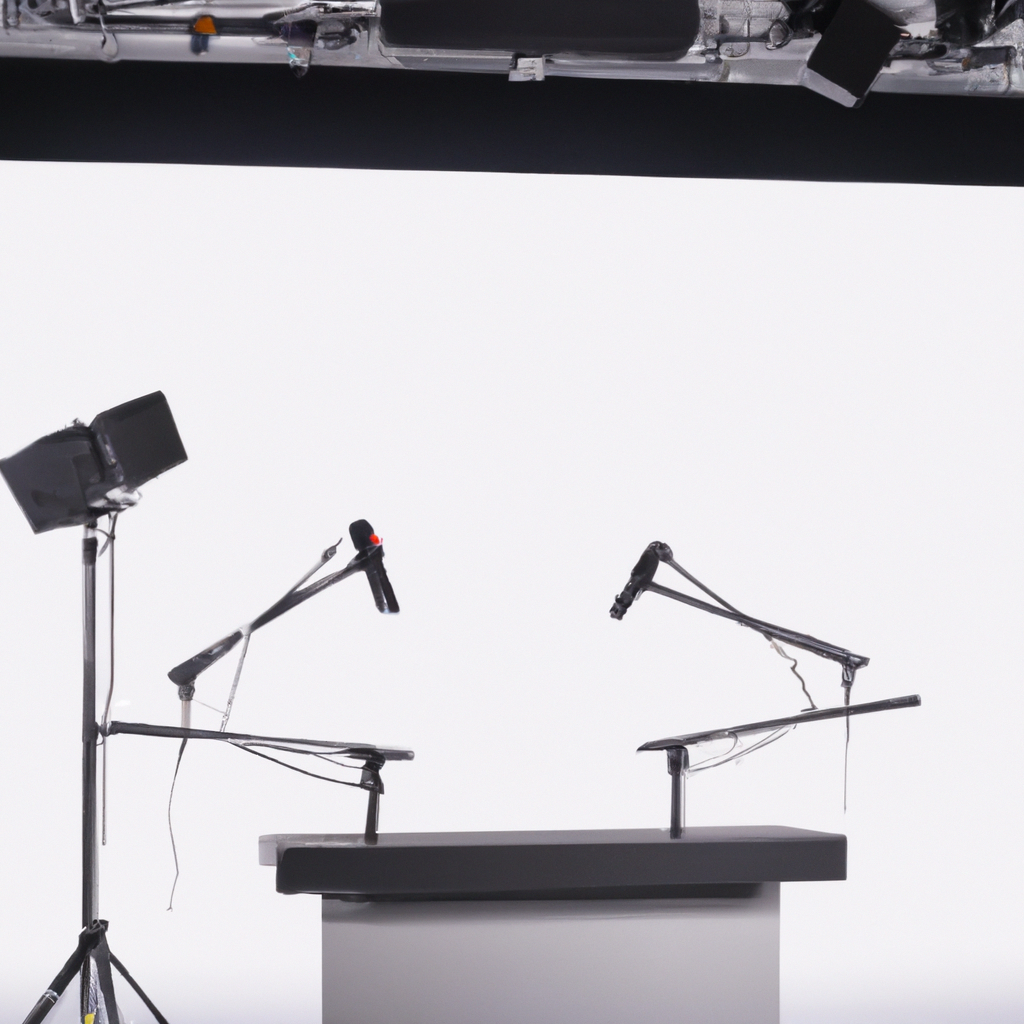 Minimalist broadcast news studio with lighting grid